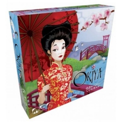 Embalagem de jogo Okiya com mulher asiática e cenário japonês.