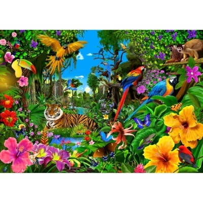 Ilustração de floresta tropical com tigre, araras, tucano, flores vibrantes e borboletas