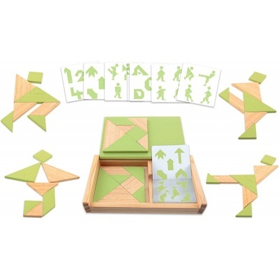 Quebra-cabeças tangram em madeira e verde com cartas ilustrativas e caixa de madeira