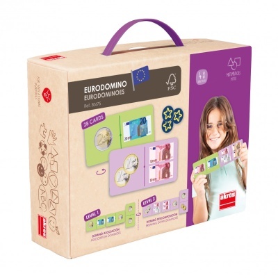 Embalagem do jogo Eurodomino com ilustrações de moedas e notas