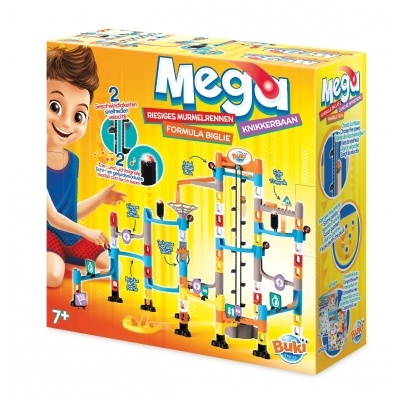 Caixa amarela do brinquedo Mega Formula Biglie da Buki com parque de bolas colorido e texto multilíngue.