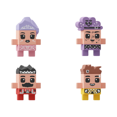 Quatro figuras em blocos coloridos com diferentes roupas e expressões sobre fundo branco