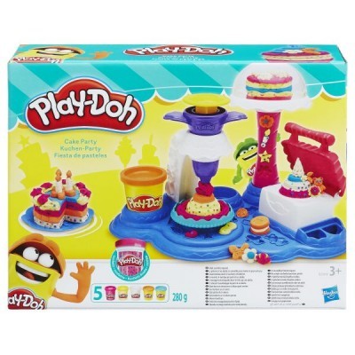 Conjunto Play-Doh Cake Party com 5 potes de massa moldável colorida e acessórios para fazer bolos.