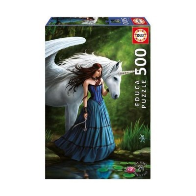 Caixa de puzzle Educa 500 peças com mulher e criatura fantástica ao lado em cenário natural