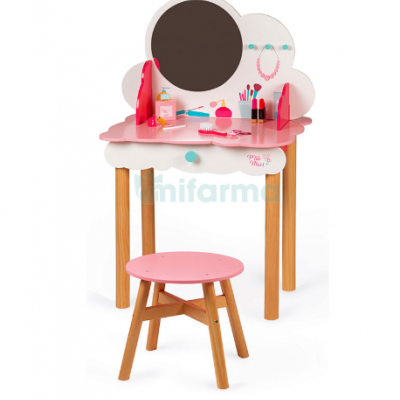Touceador infantil rosa e branco com espelho redondo e banco rosa.