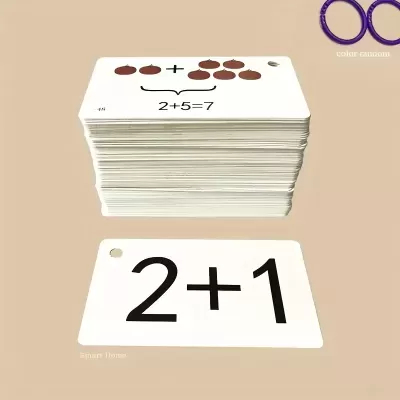 Cartões educativos com operações matemáticas simples em branco com texto preto e bolinhas castanhas