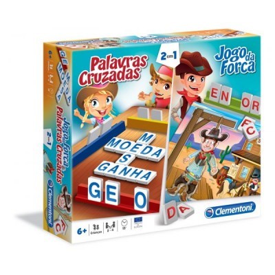 Caixa de jogo infantil Palavras Cruzadas e Jogo da Forca com imagens coloridas e marca Clementoni