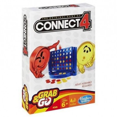 Caixa do jogo Connect 4 com peças vermelhas e amarelas, tabuleiro azul e texto informativo