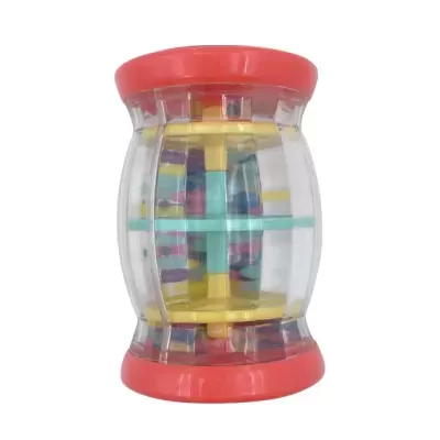 Brinquedo giratório de plástico transparente com bases vermelhas e elementos coloridos.