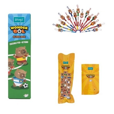 Conjunto Wonder Gol com canetas apagáveis e porta-chaves com figuras de ursos coloridos