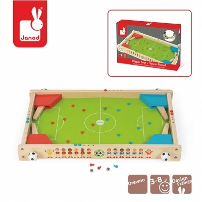 Jogo de futebol de mesa em madeira com balizas vermelha e azul e bolas coloridas
