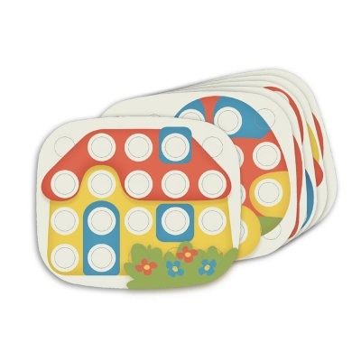 Cartas de jogo em forma de casa colorida com círculos em relevo