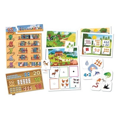 Material educativo colorido com cartões de animais, tabelas numeradas e desenhos de pessoas e objetos.