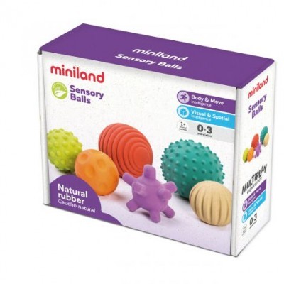 Caixa de bolas sensoriais coloridas da Miniland em borracha natural para crianças