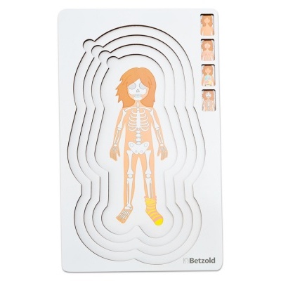 Quebra-cabeças educativo do corpo humano em madeira com camadas e cores suaves