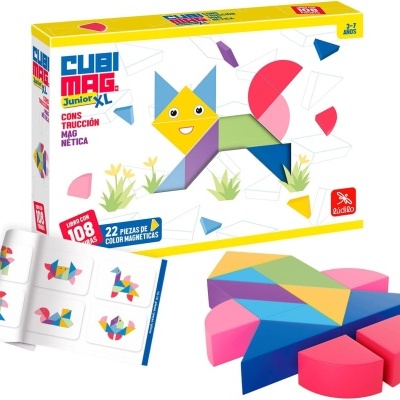 Coloridas peças de construção magnéticas geométricas para crianças, embalagem branca com texto CUBI MAG Junior XL.