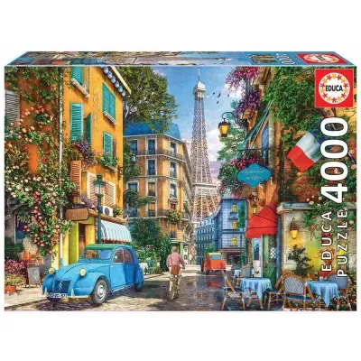 Caixa de puzzle EDUCA 4000 peças com imagem de rua parisiense colorida e Torre Eiffel ao fundo