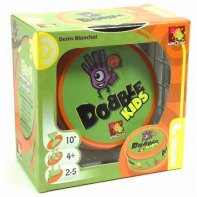 Embalagem do jogo Dobble Kids com fundo verde e laranja, e logótipos visíveis