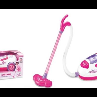 Aspirador de brinquedo rosa e branco com embalagem e tubo flexível