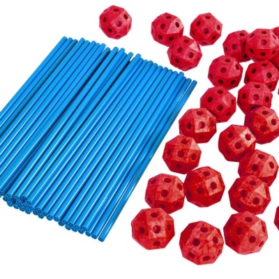 Barras azuis e peças vermelhas poligonais com furos em fundo branco