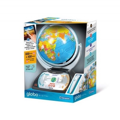 Globo digital interativo em embalagem azul e branca com caneta digital e base visor