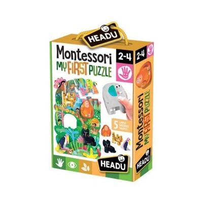 Caixa de puzzle Montessori My First Puzzle com imagens de animais e texto informativo