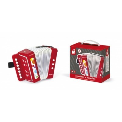 Acordeão de brinquedo vermelho com caixa de embalagem vermelha