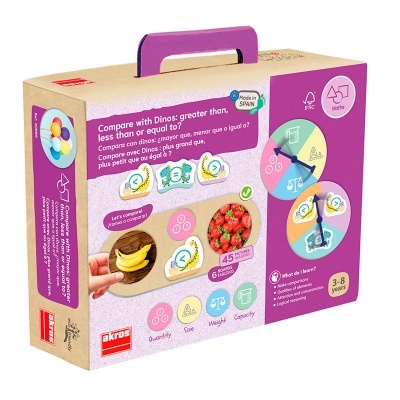 Caixa de jogo educativo com cartas para crianças, tema dinossauros e frutas, fundo bege e roxo.