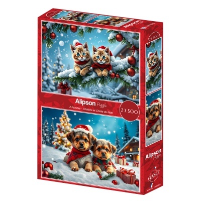 Caixa de puzzles com gatos e cachorros de Natal