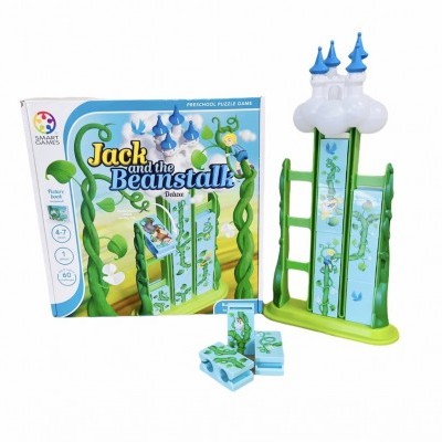 Jogo Jack and the Beanstalk Deluxe com torre e peças azuis verdes e caixa colorida