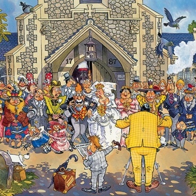 Ilustração caricatural colorida de casamento à porta de uma igreja antiga