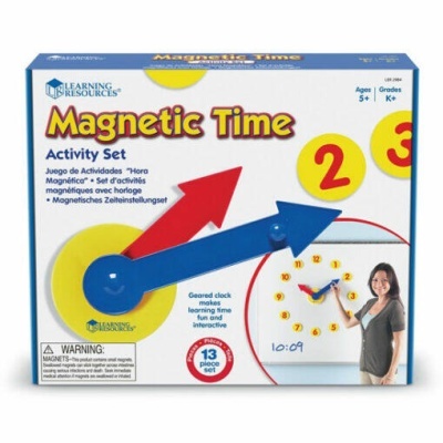 Conjunto educativo Magnetic Time com ponteiros magnéticos vermelhos e azuis para ensinar as horas, embalagem da Learning Resources.