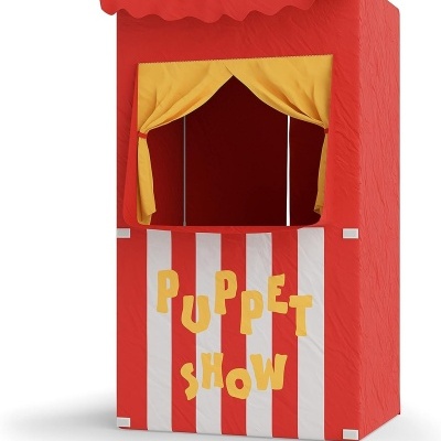 Carro de teatro de marionetas vermelho e branco com cortinas amarelas e texto 'PUPPET SHOW'.