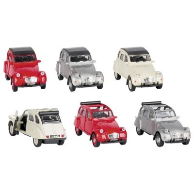 Seis miniaturas de carros Citroën 2CV em várias cores e detalhes