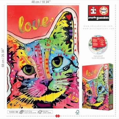 Quebra-cabeças colorido de gato com texto love e CAT, 1000 peças, embalagem vermelha e amarela
