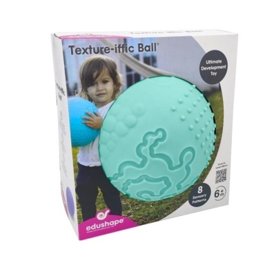 Embalagem de brinquedo Textura-ific Ball com bola verde texturizada e criança segurando bola azul