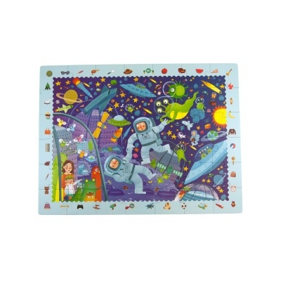 Puzzle infantil de astronautas e dinossauros no espaço com cores vivas