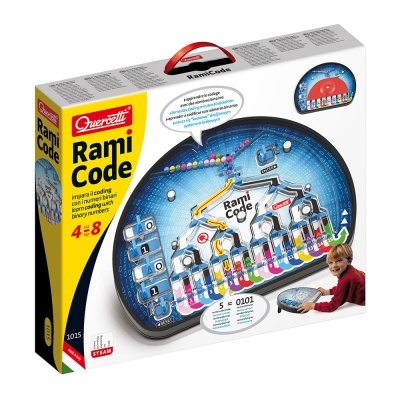 Jogo educativo Rami Code da Quercetti com tabuleiro azul e peças coloridas