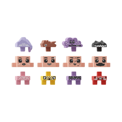 Peças de construção plásticas coloridas para figuras com rostos e roupas distintas