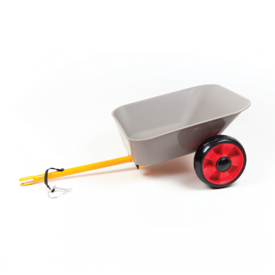 Carrinho de mão pequeno cinzento com estrutura amarela e rodas vermelhas