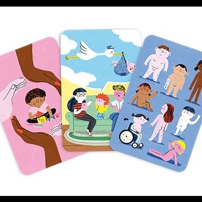 Três cartas ilustradas com representações diversas de pessoas.