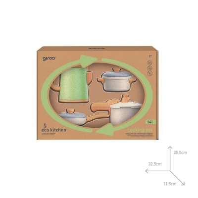 Conjunto de panelas de cozinha infantil Girou Eco Kitchen com jarro verde e panelas cinzentas embaladas em caixa de cartão