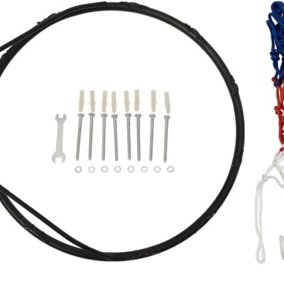 Aro de basquetebol preto com rede tricolor e acessórios de montagem