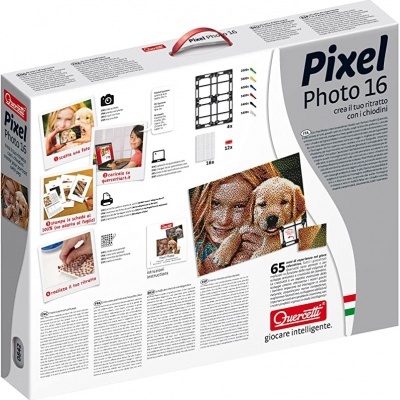 Embalagem do jogo Pixel Photo 16 da Quercetti com imagem pixelizada de mulher e cachorro