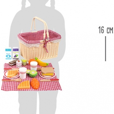 Conjunto de piquenique infantil com cesta, toalha xadrez e alimentos de brinquedo