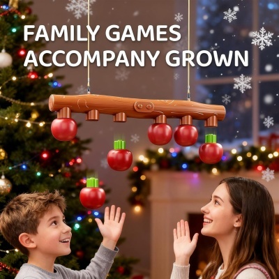 Jogo de tabuleiro com peças vermelhas penduradas e decoração natalícia ao fundo