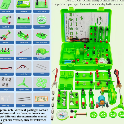 Kit educativo de montagem de circuitos elétricos com componentes coloridos e manual