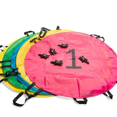 Três discos redondos coloridos com alças, um vermelho com número 1, um amarelo e um verde, empilhados