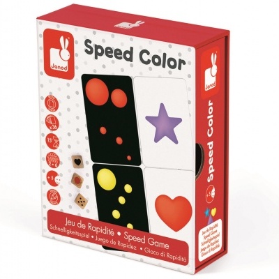 Caixa do jogo de cartas Speed Color da Janod com imagens coloridas de cartas e texto multilíngue