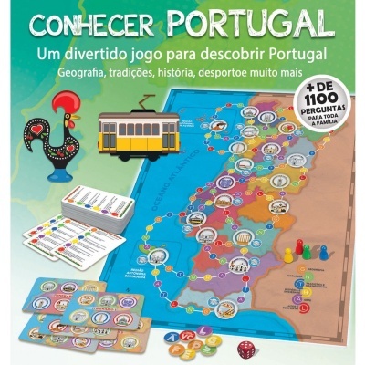 Jogo de tabuleiro CONHECER PORTUGAL com mapa, cartas, peças, dados e galo de Barcelos